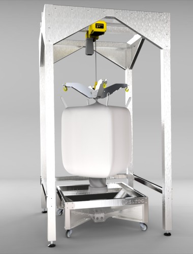"Big bag" lifting frame with discharge tray
